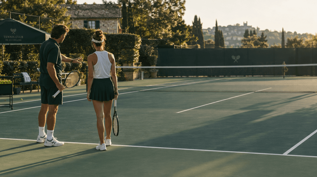 A tennis coach working one to one with a player on an outdoor court.